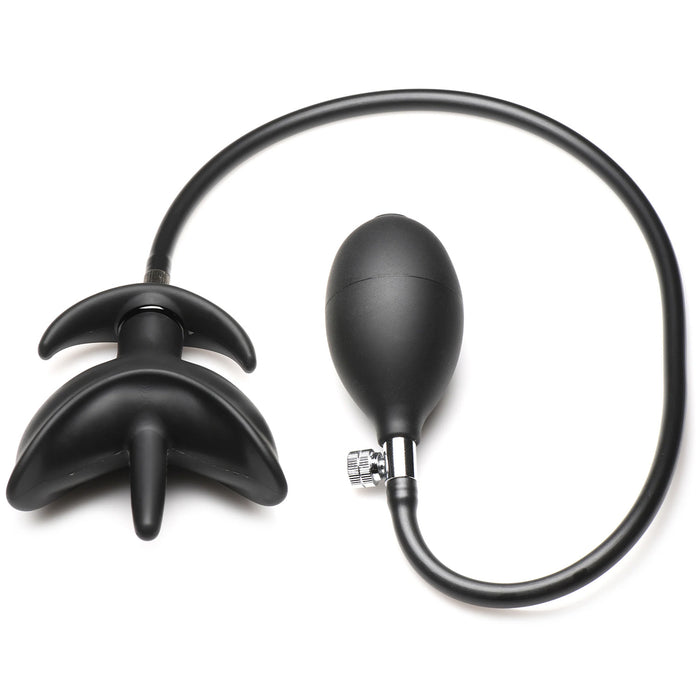 Black inflatable anchor butt plug with squeeze bulb on a white background