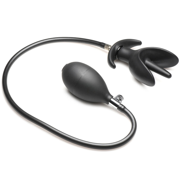 Black inflatable anchor butt plug with squeeze bulb on a white background