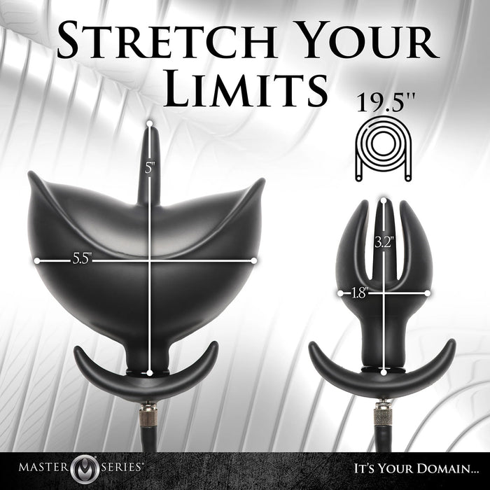 Image showing black inflatable anchor butt plug before and after inflation with measurements