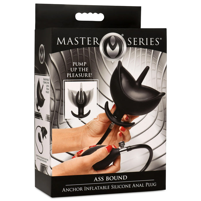 Packaging of a Master Series anchor inflatable silicone anal plug with a hand holding it.