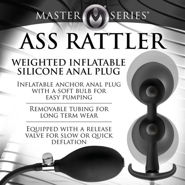 Advertisement for 'Ass Rattler' weighted inflatable silicone anal plug with product details.