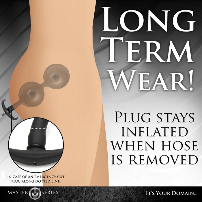 Advertisement for a Master Series inflatable anal plug with text about long-term wear and plug functionality.