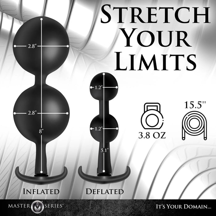 Black Ass Rattler Weighted Silicone Anal Plug with measurements and text 'Stretch Your Limits' on a gray background