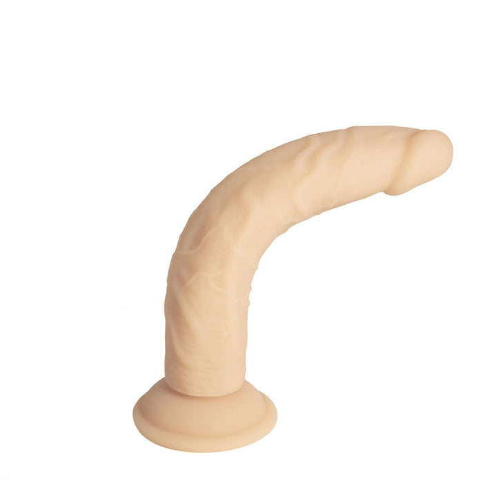 A curved beige realistic-looking 9 inch silicone dildo with realistic texture and a suction cup base.
