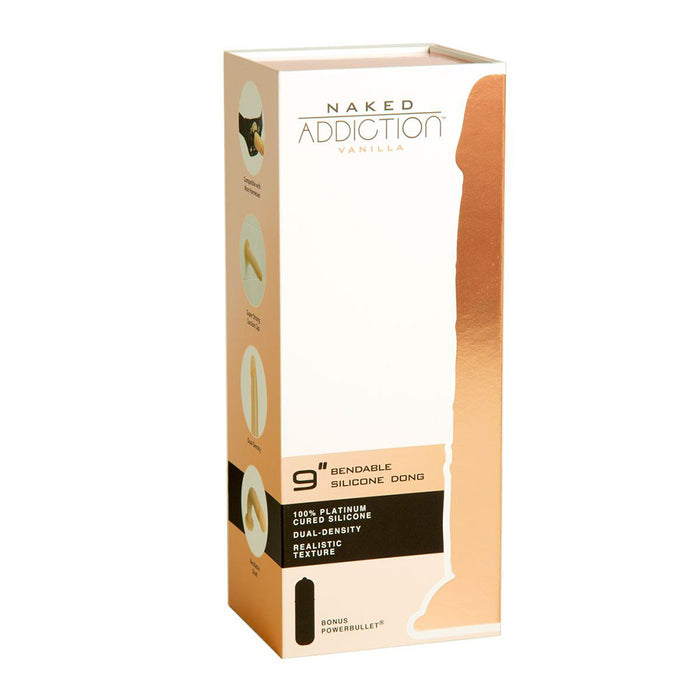 Front of packaging for Naked Addiction 9" bendable silicone dong - vanilla.