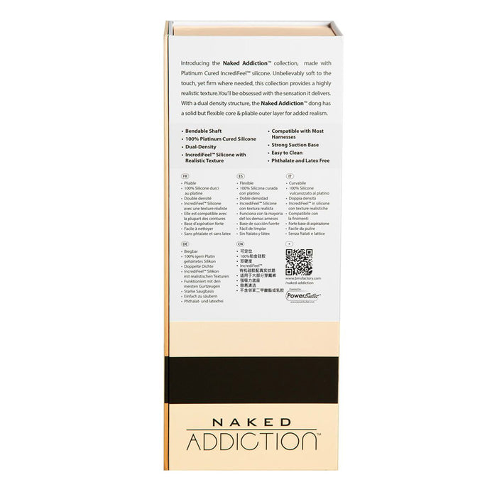 Back of packaging for Naked Addiction 9" bendable silicone dong - vanilla.