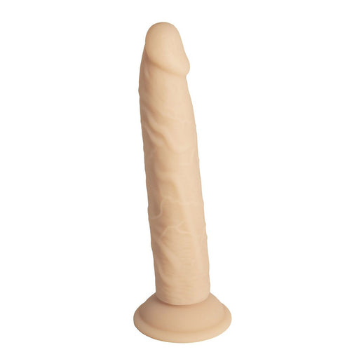 A beige realistic-looking 9 inch silicone dildo with realistic texture and a suction cup base.