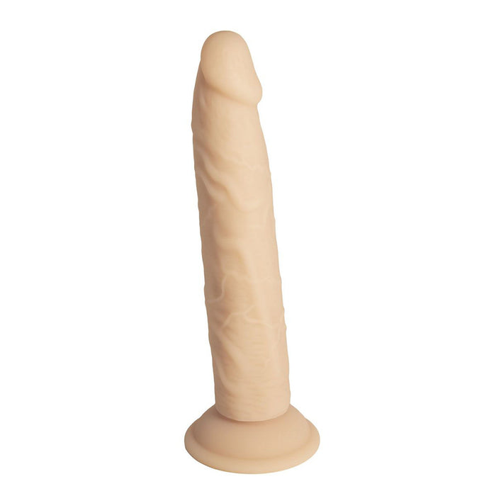 A beige realistic-looking 9 inch silicone dildo with realistic texture and a suction cup base.