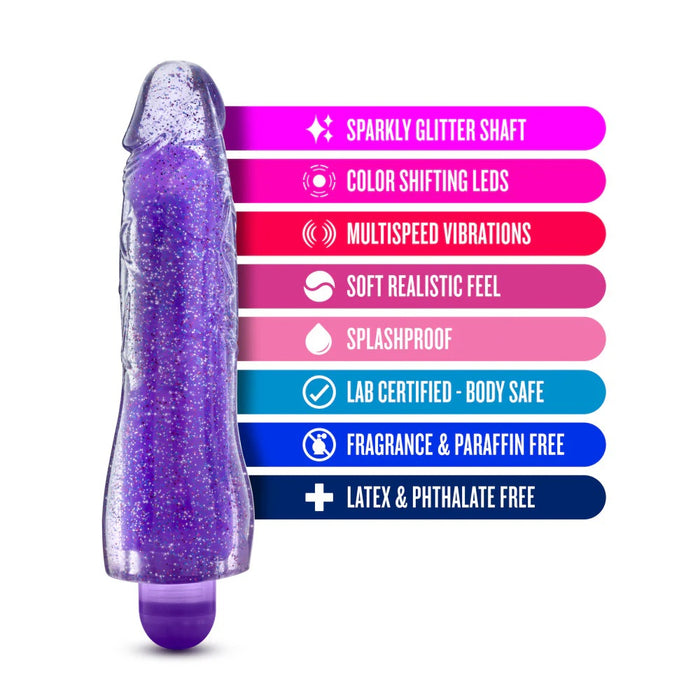Blush BL-43011 Glow Dicks Molly 8 Inch Vibrating Glitter LED Dildo feature list