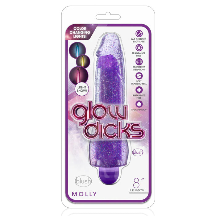 Blush BL-43011 Glow Dicks Molly 8 Inch Vibrating Glitter LED Dildo package front
