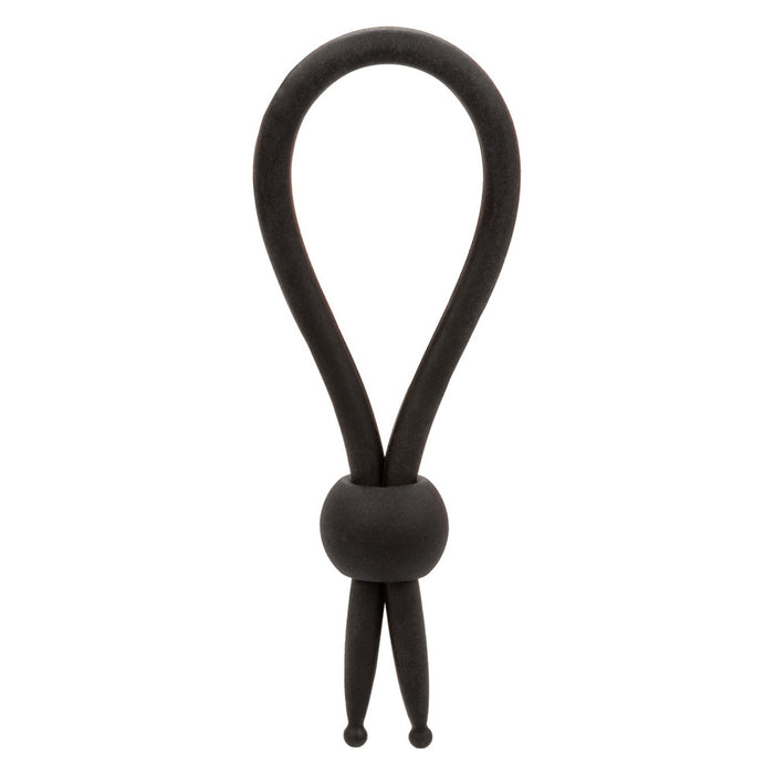 Black silicone lasso-style adjustable cock ring on a white background