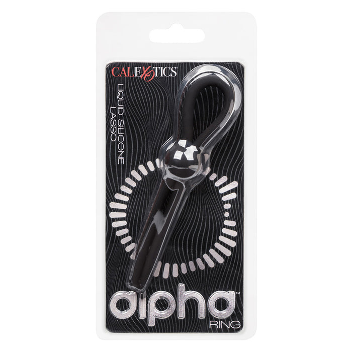 Front of product packaging for CalExotics Alpha Liquid Silicone Lasso cock ring