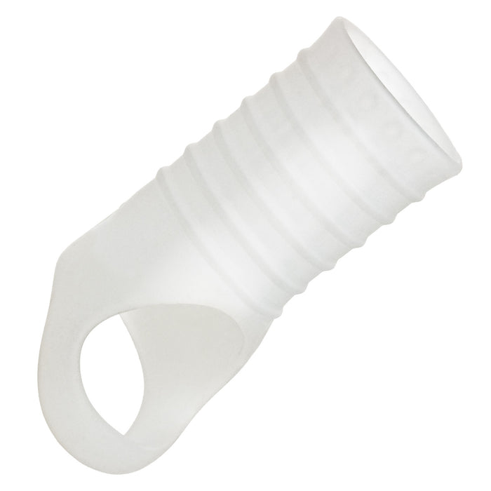 Clear textured silicone penis sleeve on a white background