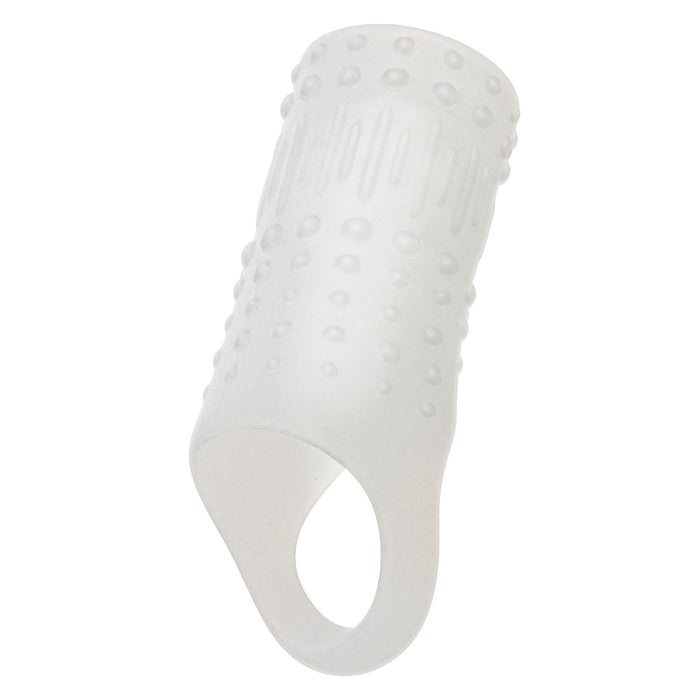 Clear silicone penis sleeve on a white background