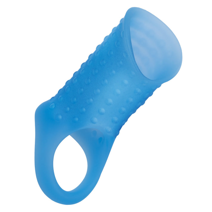 Textured blue silicone penis sleeve on a white background
