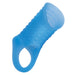 Textured blue silicone penis sleeve on a white background