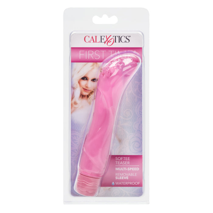 Pink toy with packaging featuring a model and 'Calexotics' branding on a white background.