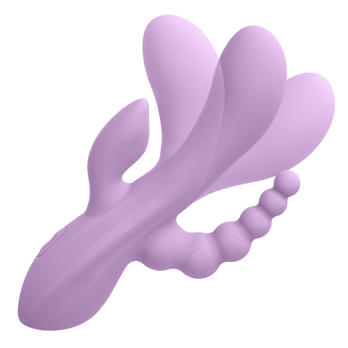 Image showing flexible shaft of a purple silicone triple penetration vibrator