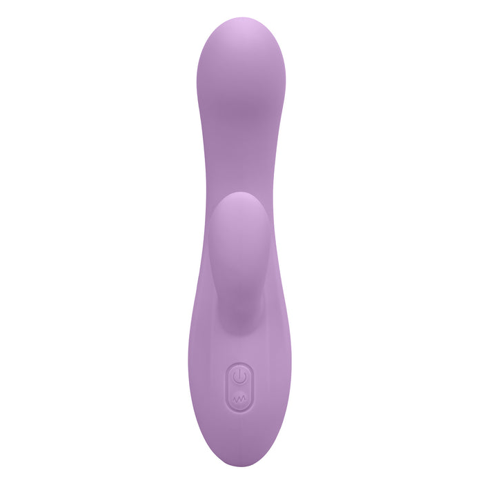 Front view of purple silicone triple penetration vibrator with control buttons