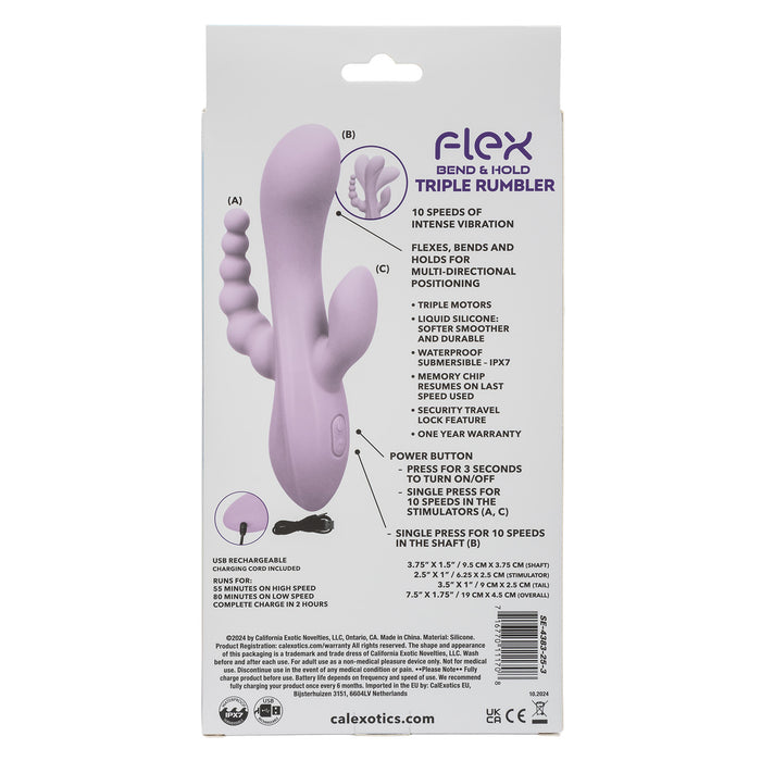Back of packaging for CalExotics Flex Bend & Hold Triple Rumbler triple penetration vibrator