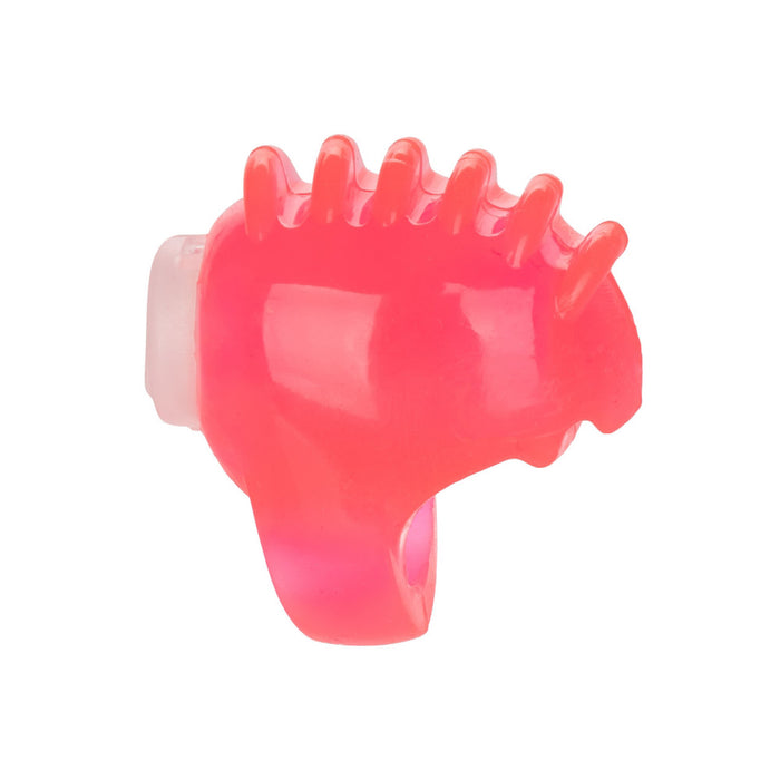 Side view of textured pink finger vibrator on a white background