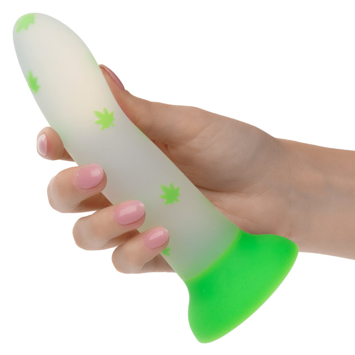 Hand holding a white silicone dildo with green leaf pattern and green suction cup base on a white background