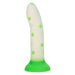 White silicone dildo with green leaf pattern and green suction cup base on a white background
