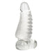 Clear ribbed rubber penis sleeve worn over a clear dildo on a white background