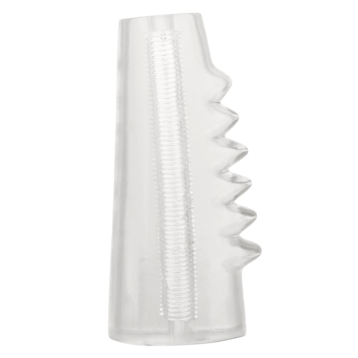Side view of a clear ribbed rubber penis sleeve on a white background