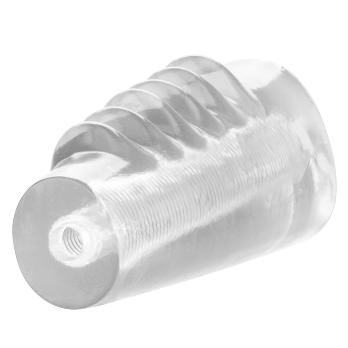 Clear ribbed rubber penis sleeve on a white background