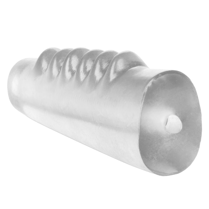 Clear ribbed rubber penis sleeve on a white background