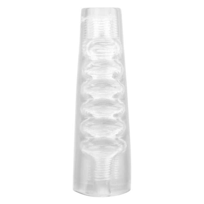 Front view of a clear ribbed rubber penis sleeve on a white background
