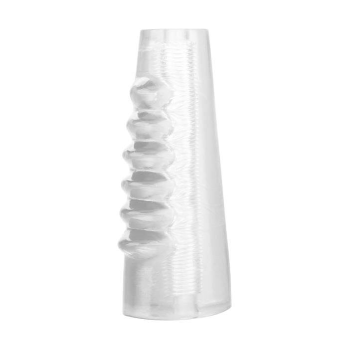 Clear ribbed rubber penis sleeve on a white background