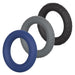Three silicone rings in blue, gray, and black on a white background
