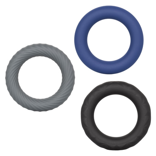 Three silicone rings in blue, gray, and black on a white background