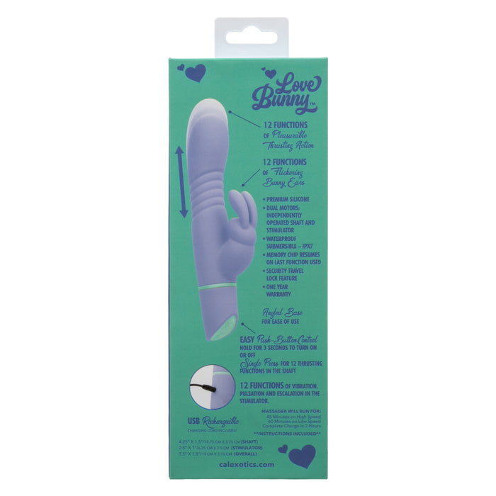 Product packaging for Love Bunny Thrusting Bunny vibrator with green background and purple device illustration.