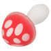 Top view of Muff Shroom red and white mushroom-shaped vibrator