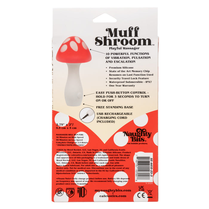 Back of product packaging for Naughty Bits Muff Shroom red and white mushroom-shaped vibrator