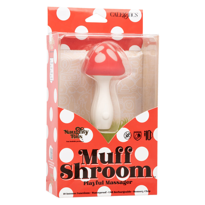 Front of product packaging for Naughty Bits Muff Shroom red and white mushroom-shaped vibrator