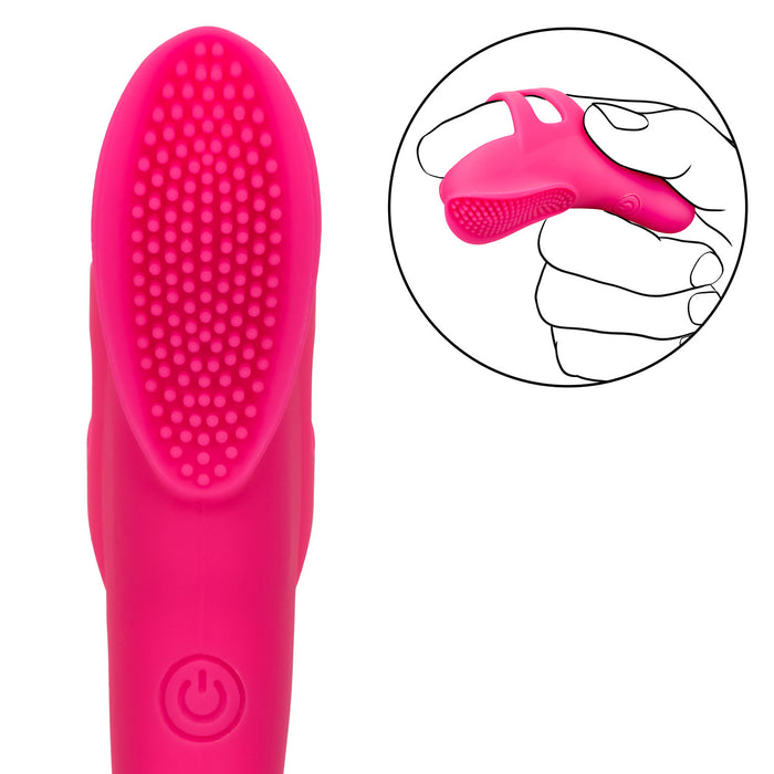 Rechargeable hot pink silicone finger vibrator with nubby textured surface