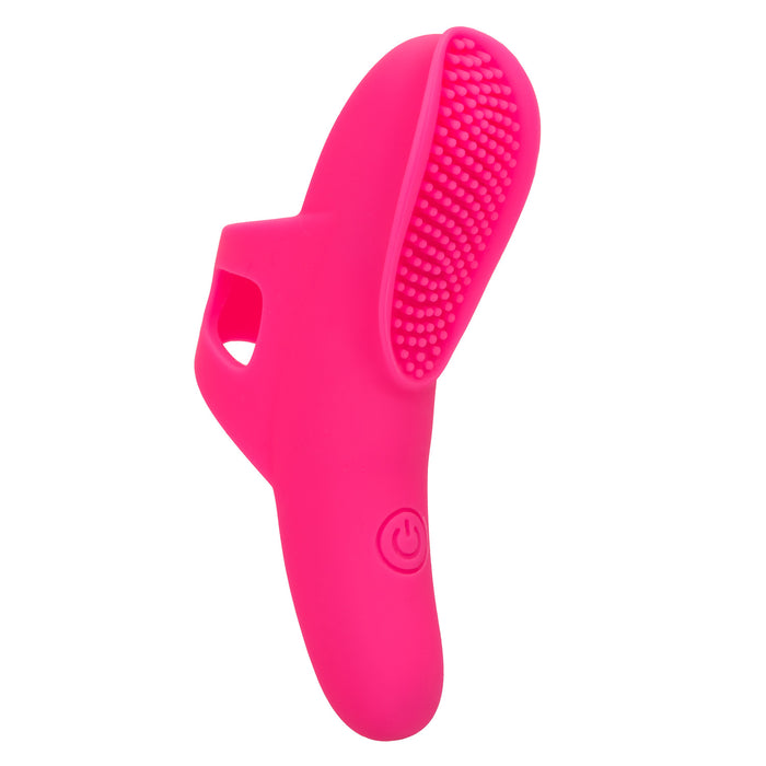 Rechargeable hot pink silicone finger vibrator with nubby textured surface