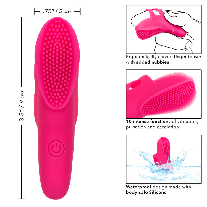 Features and measurements of Neon Vibes The Nubby Vibe hot pink silicone finger vibrator
