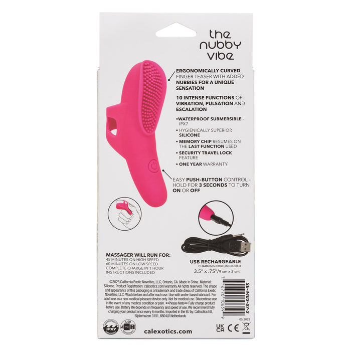 Back of packaging for CalExotics Neon Vibes The Nubby Vibe rechargeable silicone finger vibrator