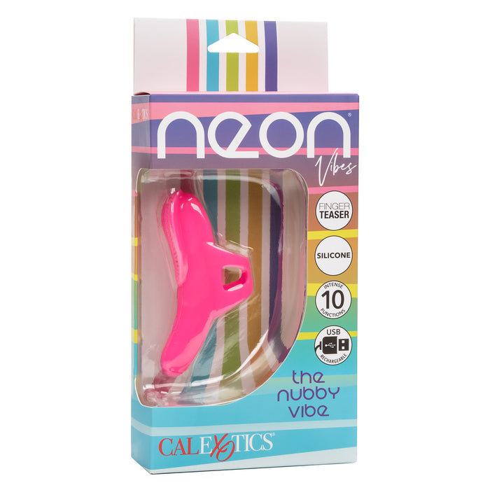 Front of packaging for CalExotics Neon Vibes The Nubby Vibe rechargeable silicone finger vibrator
