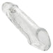 Clear penis sleeve with scrotum strap on a white background