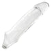 Side view of a clear penis sleeve with scrotum strap on a white background