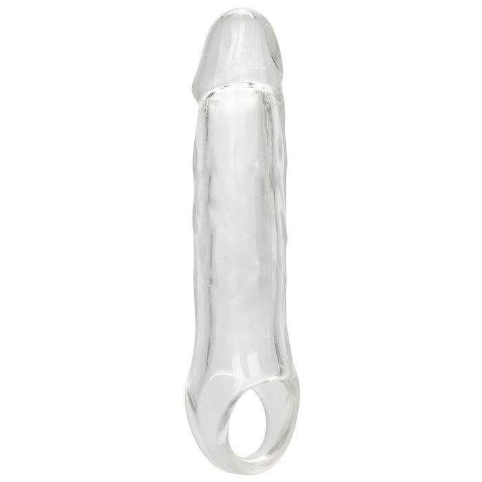 Clear penis sleeve with scrotum strap on a white background