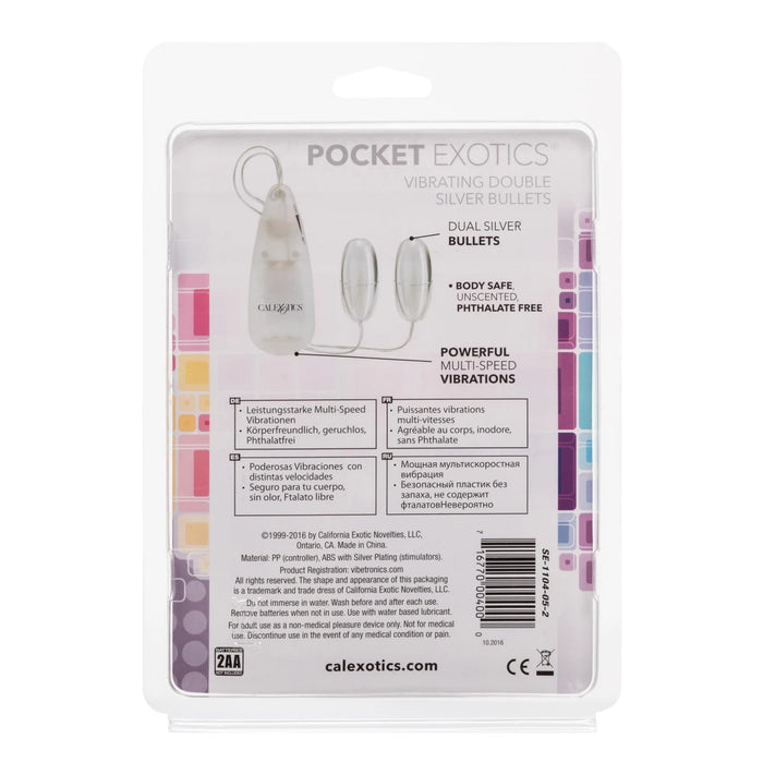 Back view of packaging for CalExotics Pocket Exotics vibrating double silver bullets, showing product details, text, and a barcode on a white background.