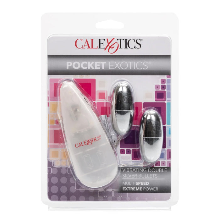 CalExotics Pocket Exotics Vibrating Double Silver Bullets in original packaging.