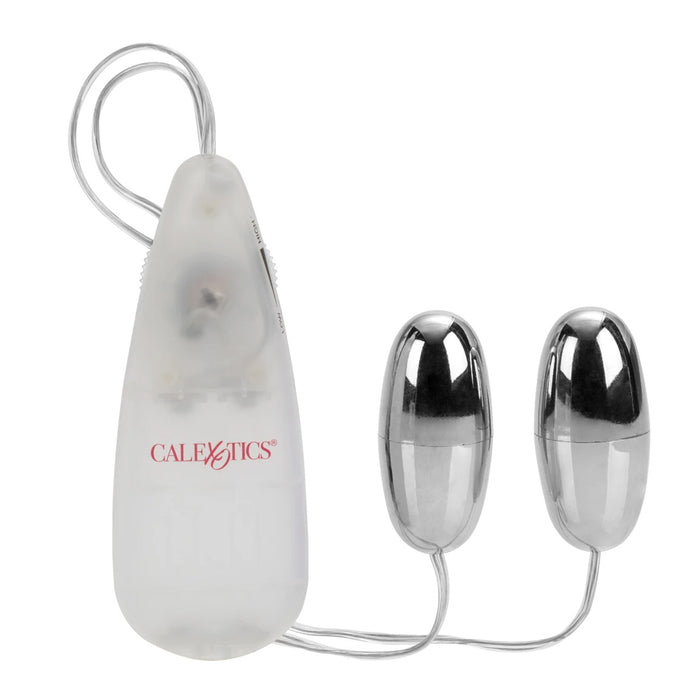 Two vibrating silver bullets on a wired multispeed controller with CalExotics branding.